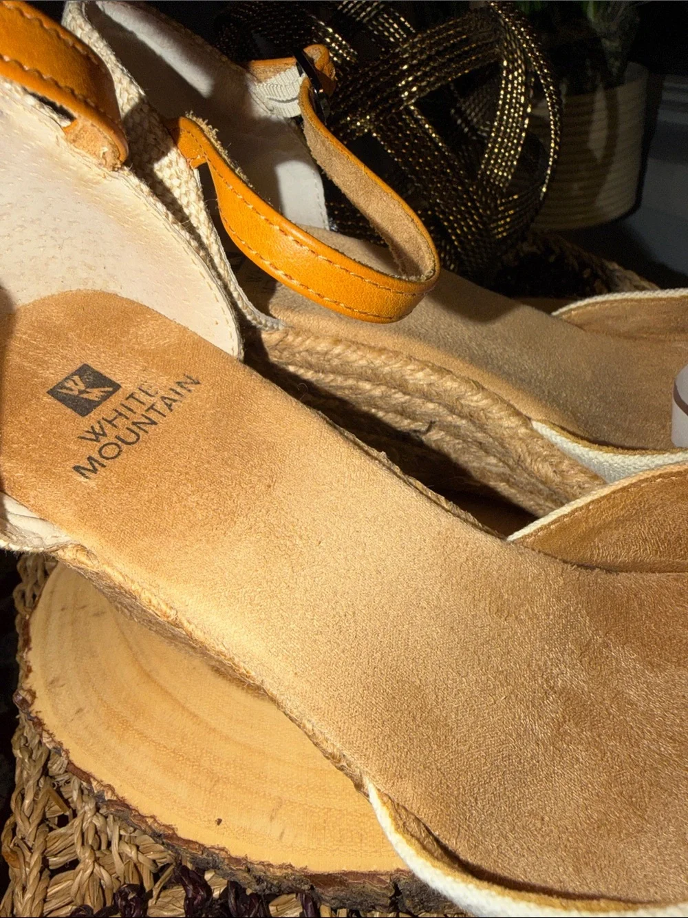 White Mountain White and Tan Espadrille Wedge Sandals